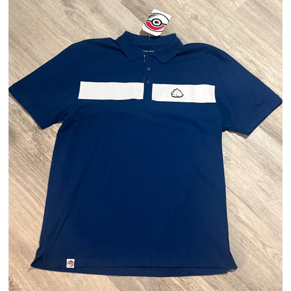 Pokemon Center‎ Mens Large Navy Blue Polo Shirt White Stripe Graphic Logo